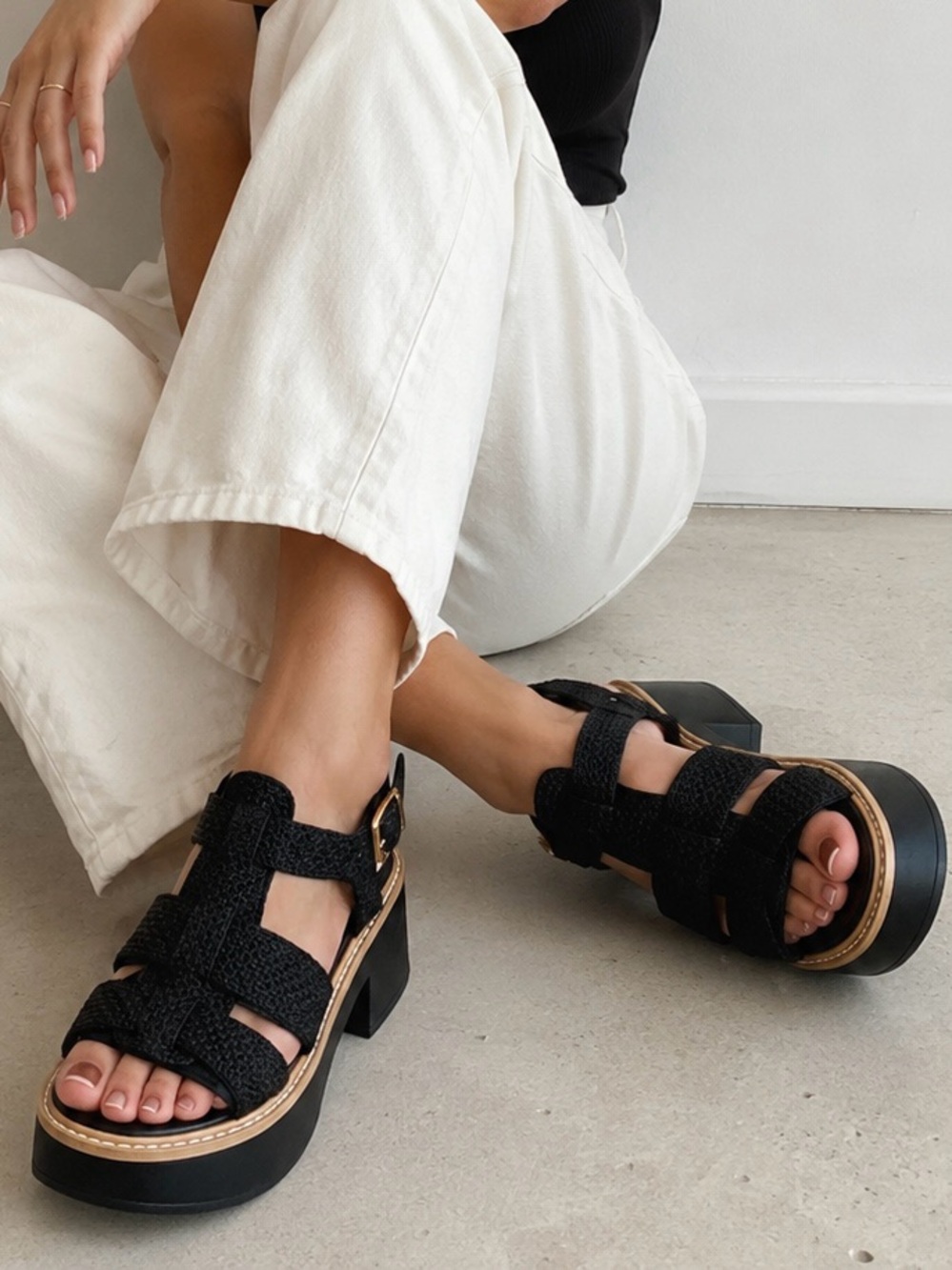 Dolce Vita Liani Black Raffia Platform Sandals with Block Heel size 8